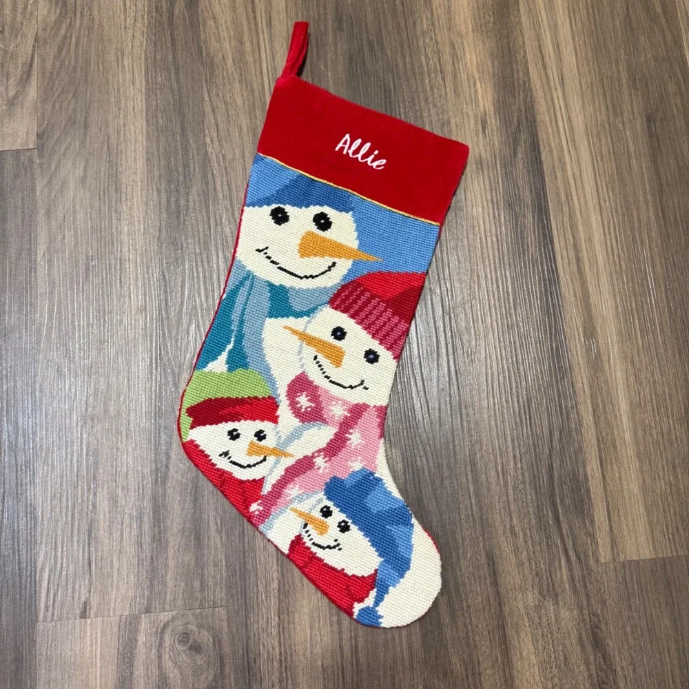 North Pole Trading Co Needlepoint Snowman Stocking 100% Wool 'Allie'